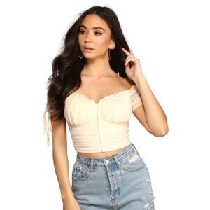 Windsor Corset Crop Top Womens Large Cream Beige Mesh Ruched Hook Eye Pastel NEW